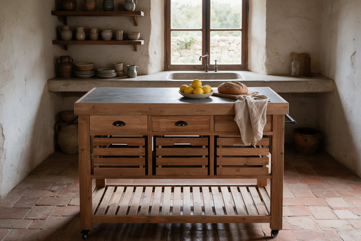 Isla de cocina de madera con tapa de piedra sinterizada en una cocina rústica